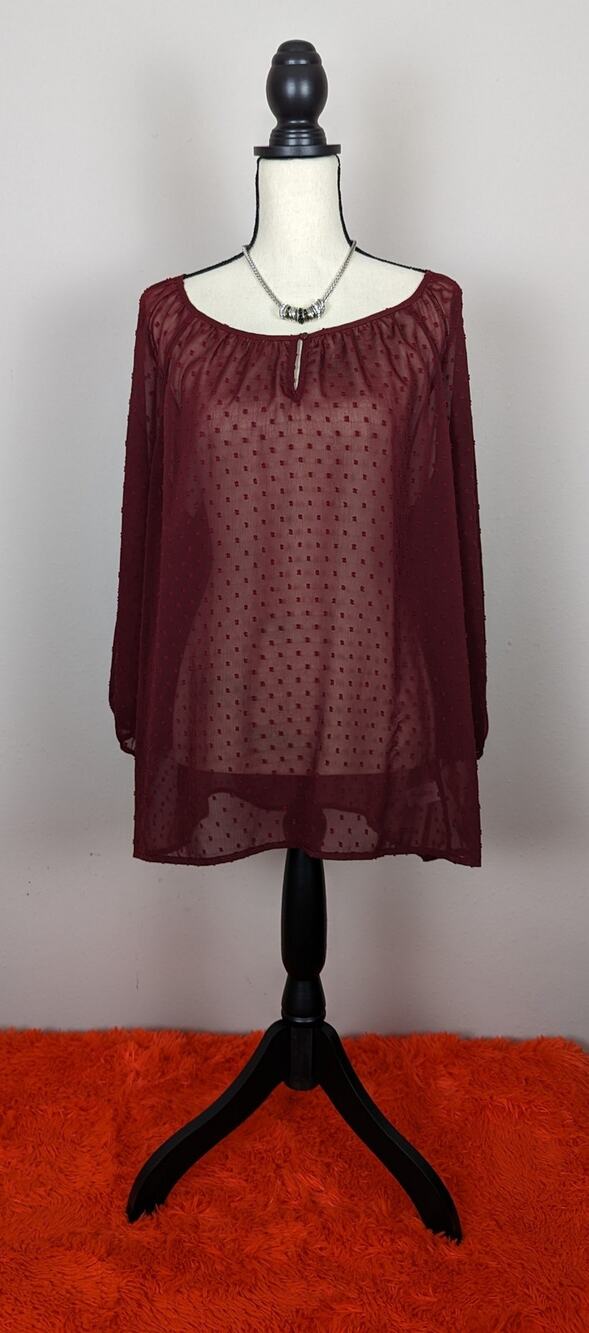 Old Navy Red Wine Sheer Textured Clip Dot Long Sleeve Keyhole Neck Blouse Top XL